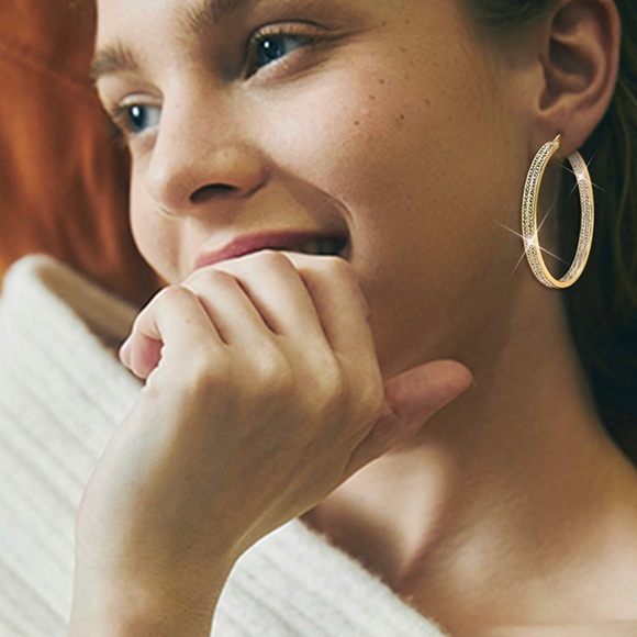 Woman’s Gold Pave’ Large Gold Hoop Earrings - Picture 5 of 8
